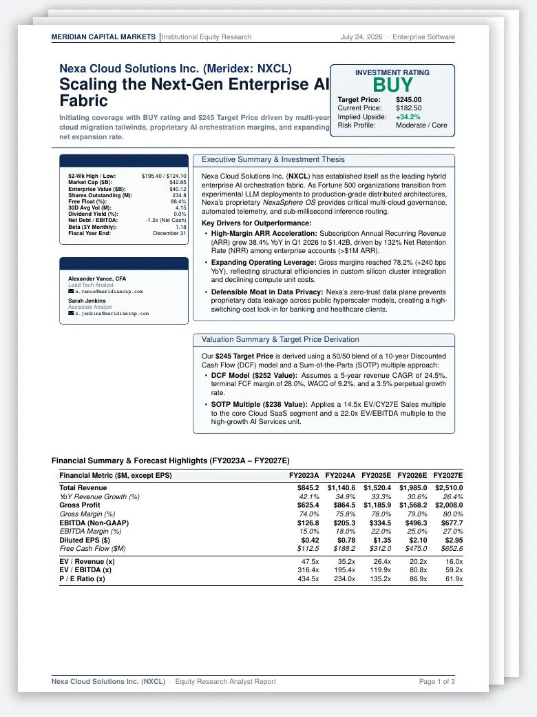 Equity Research Analyst Report LaTeX template, first page preview