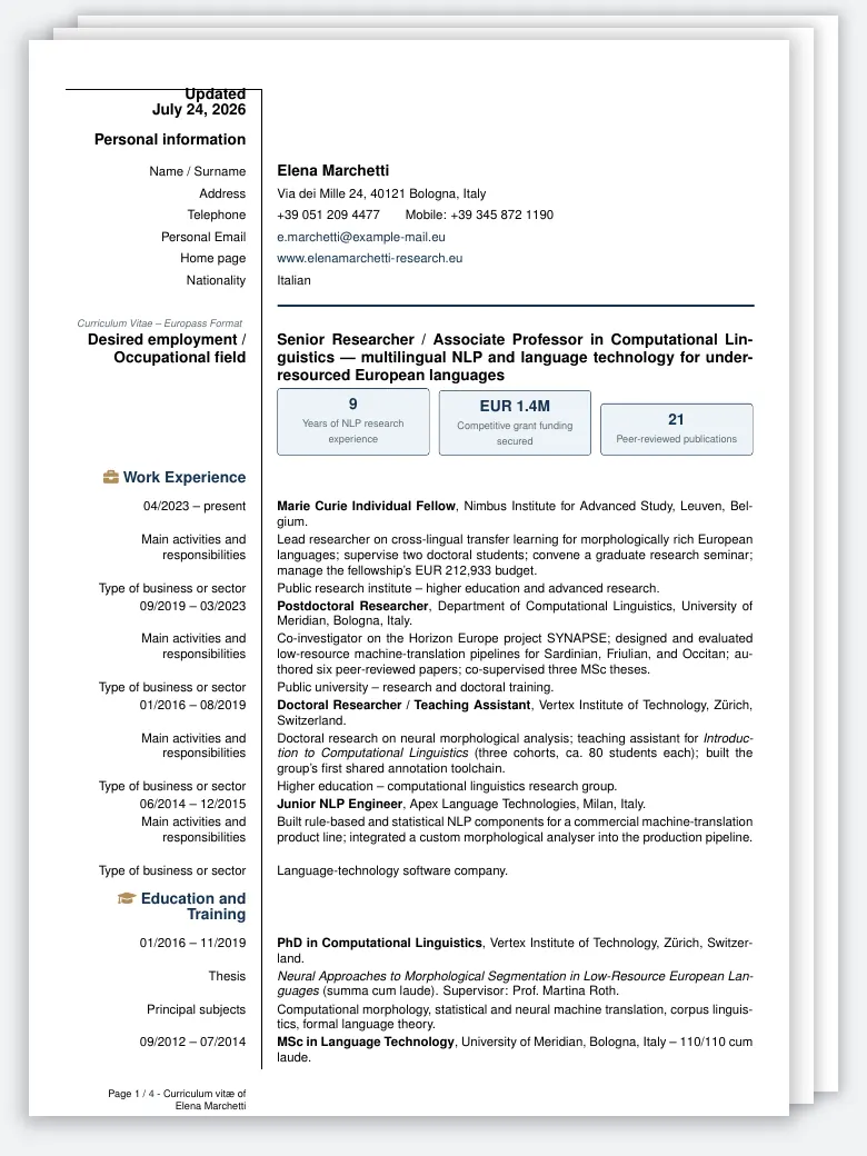 Europass Standard European Academic CV LaTeX template, first page preview