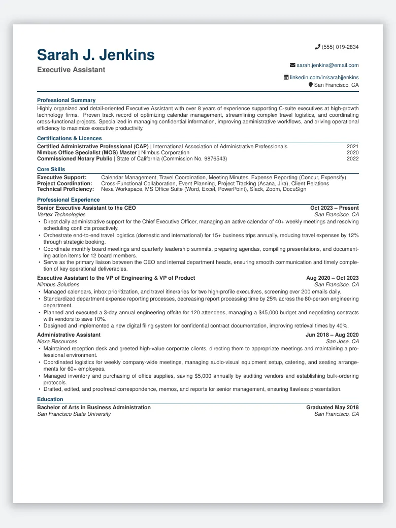 Executive Assistant Resume preview