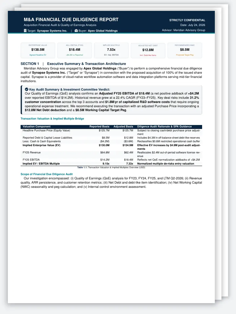 M&A Financial Due Diligence Report LaTeX template, first page preview