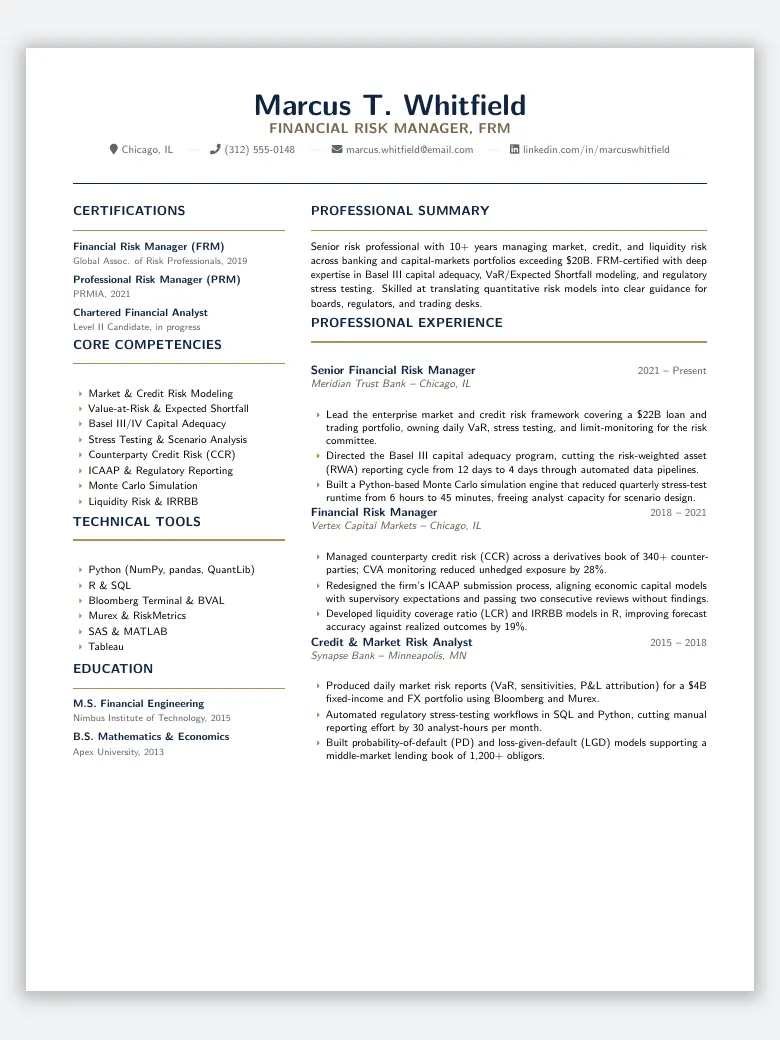 Financial Risk Manager (FRM) Resume preview