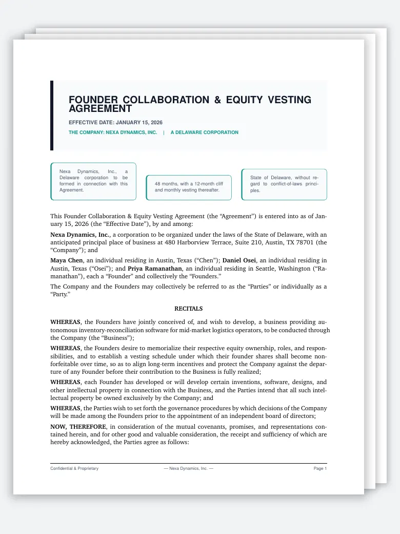 Founder Collaboration and Equity Vesting Agreement preview