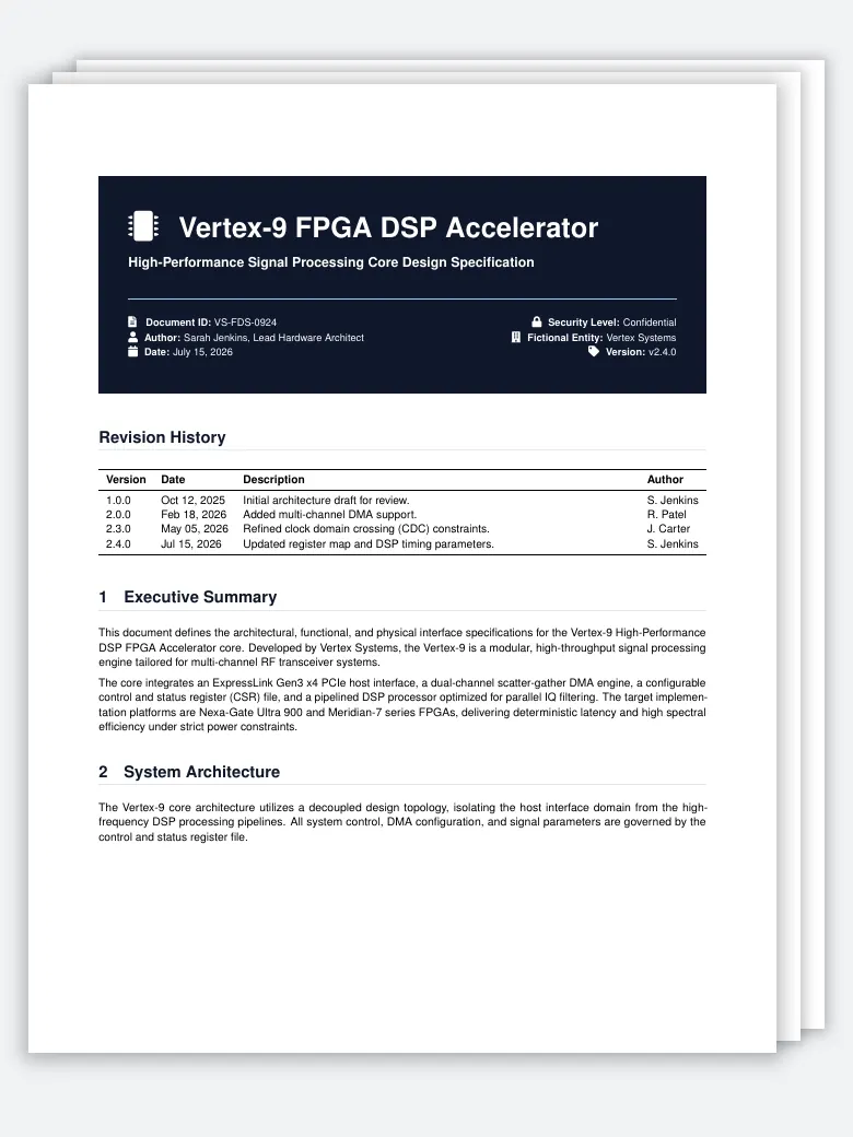 FPGA Design Specification LaTeX template, first page preview