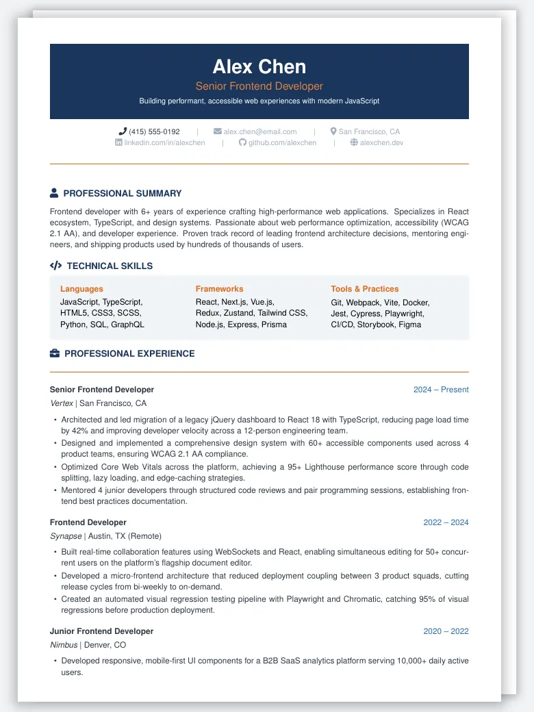 Frontend Developer Resume preview