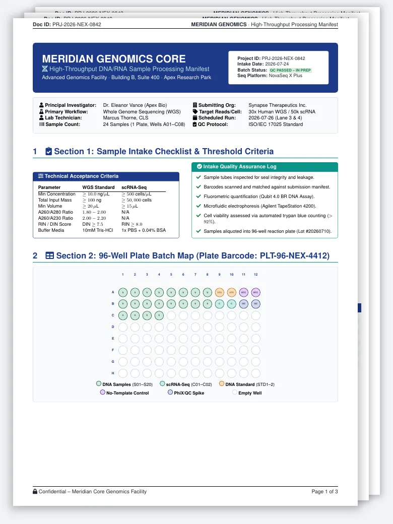Genomics Sample Processing Sheet LaTeX template, first page preview