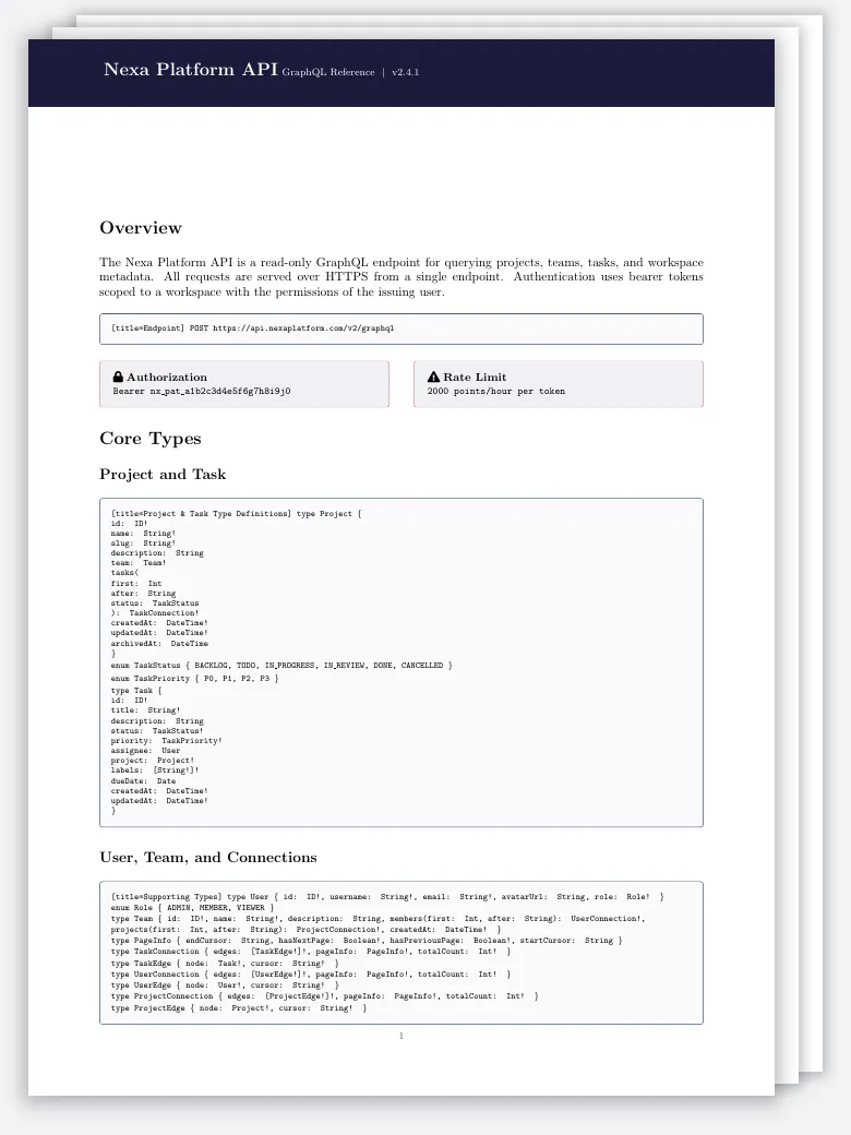 GraphQL API Reference LaTeX template, first page preview