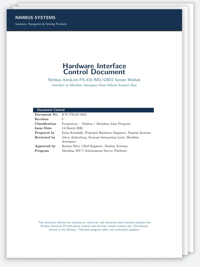 Hardware Interface Control Document (ICD) LaTeX template, first page preview