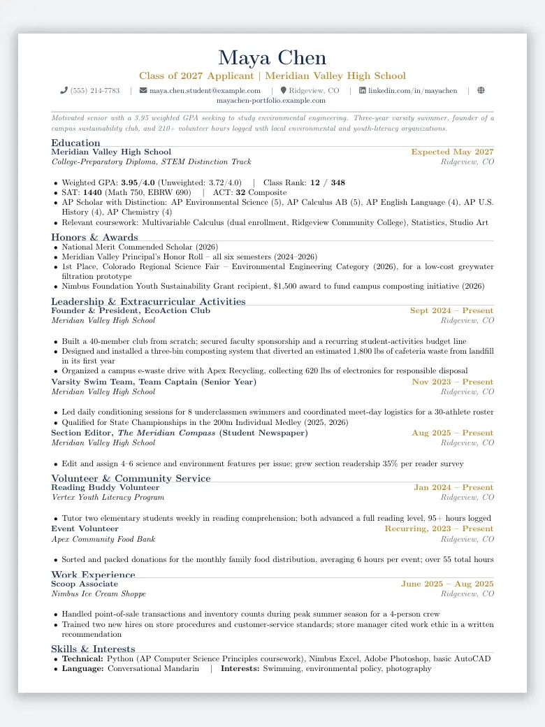 High School Student College Application Resume preview