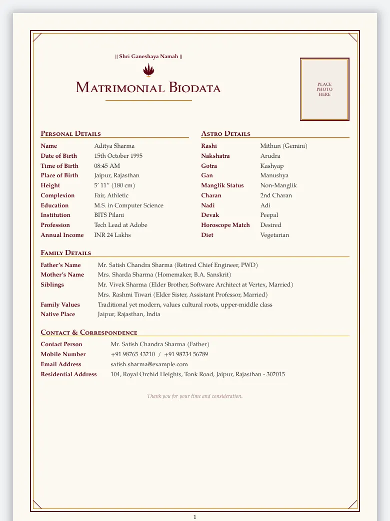 Hindu Marriage Biodata preview