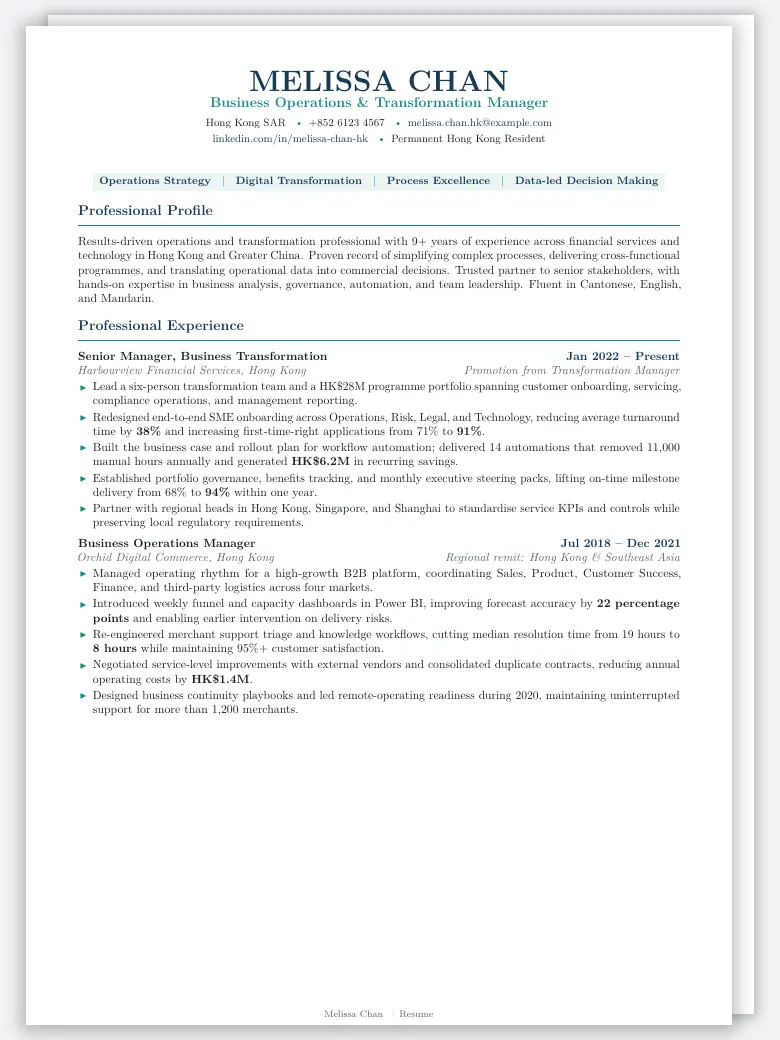 Hong Kong Standard Resume preview