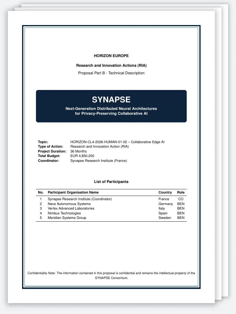 Horizon Europe Grant LaTeX template, first page preview