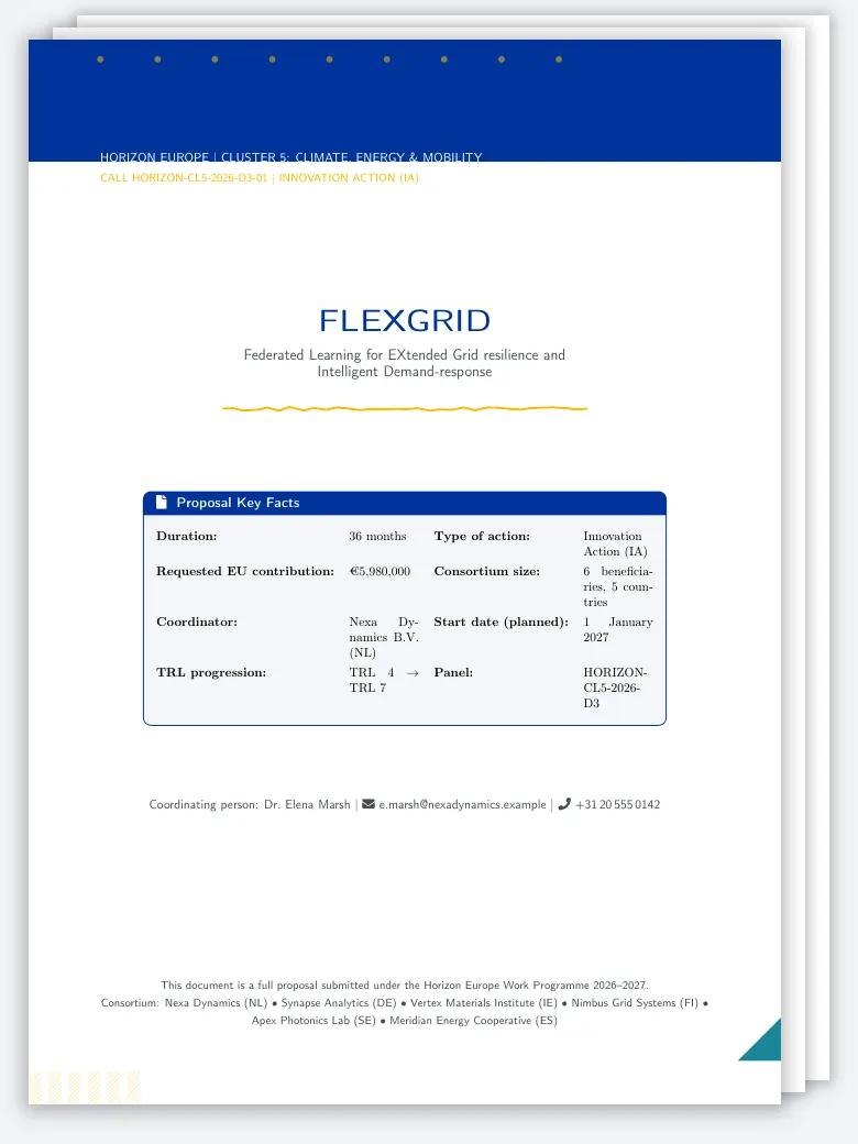 Horizon Europe Innovation Action Proposal LaTeX template, first page preview