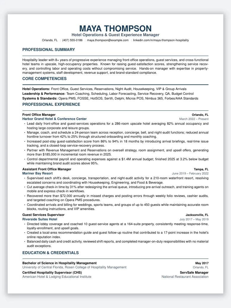 Hotel and Hospitality Resume preview