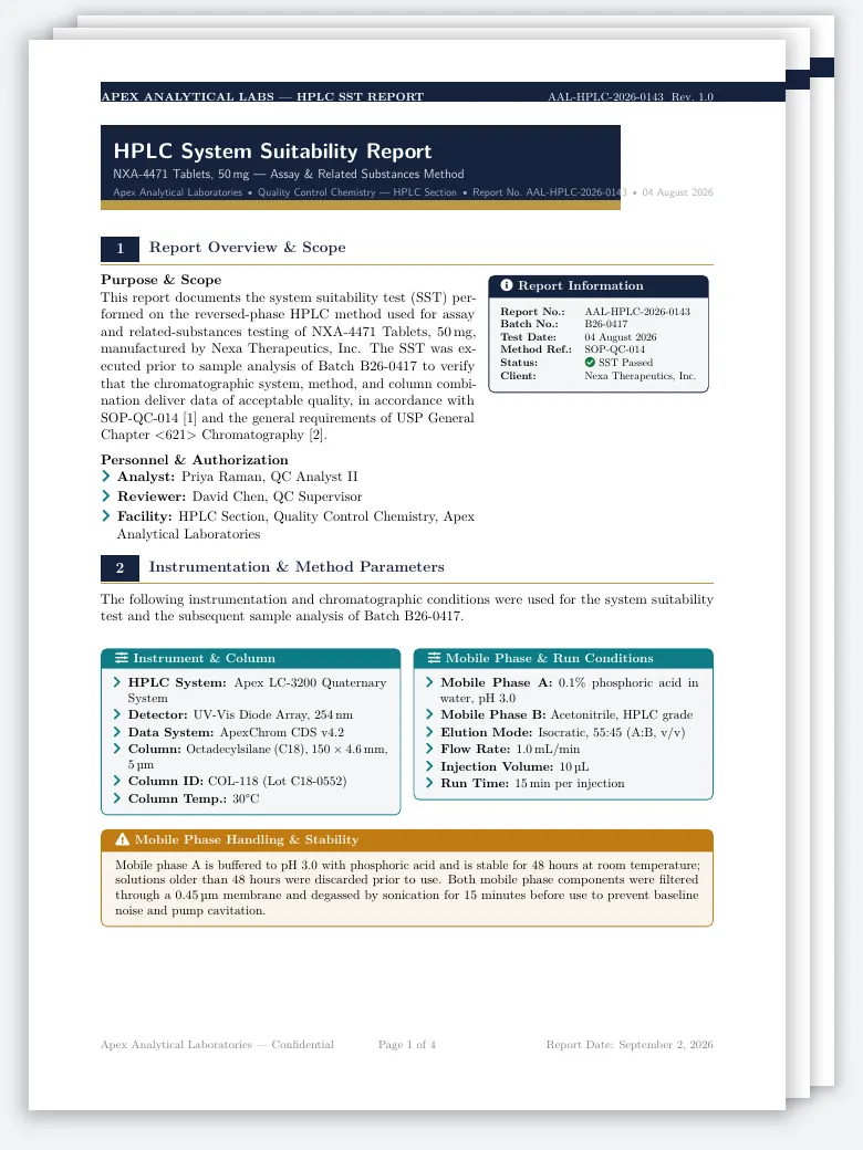HPLC System Suitability Report preview