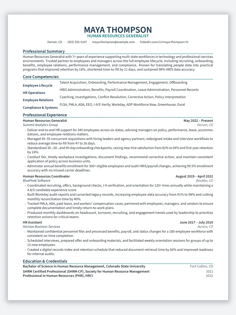 Human Resources Generalist Resume preview