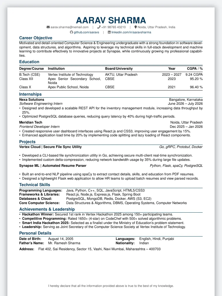 Indian Standard Resume preview