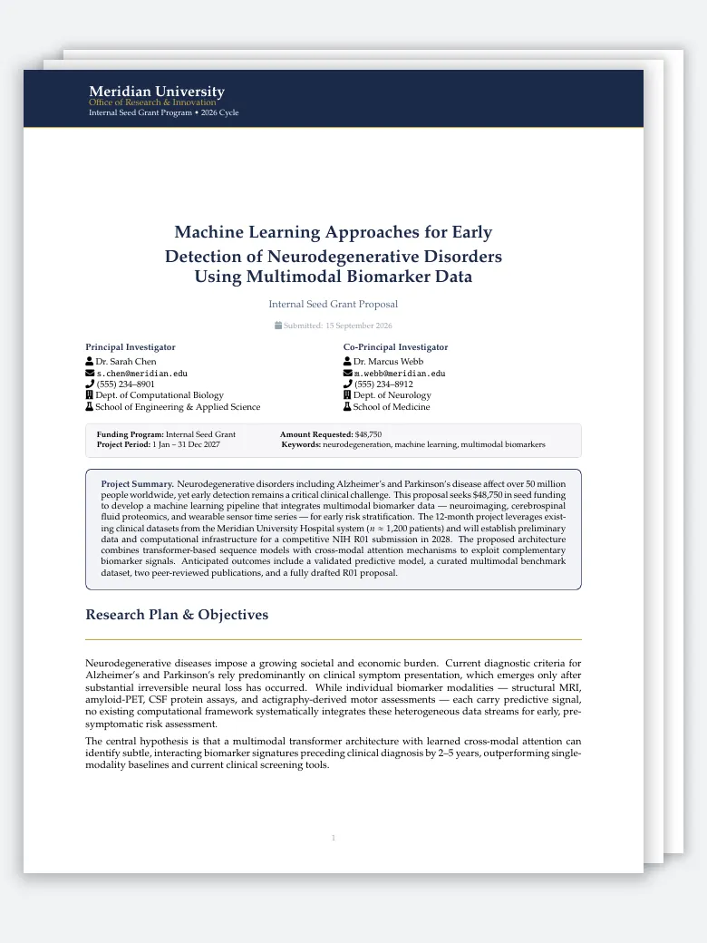 University Seed Grant Internal Proposal LaTeX template, first page preview