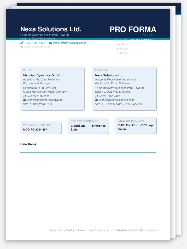 Pro Forma Invoice LaTeX template, first page preview