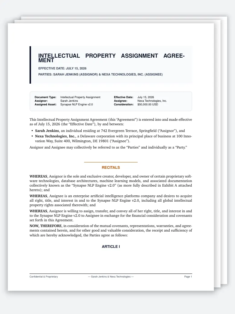 IP Assignment Agreement LaTeX template, first page preview