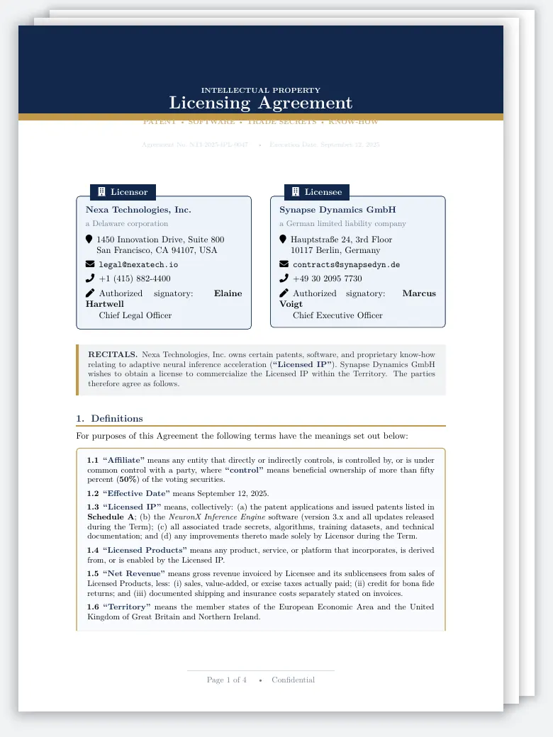 Intellectual Property Licensing Agreement LaTeX template, first page preview