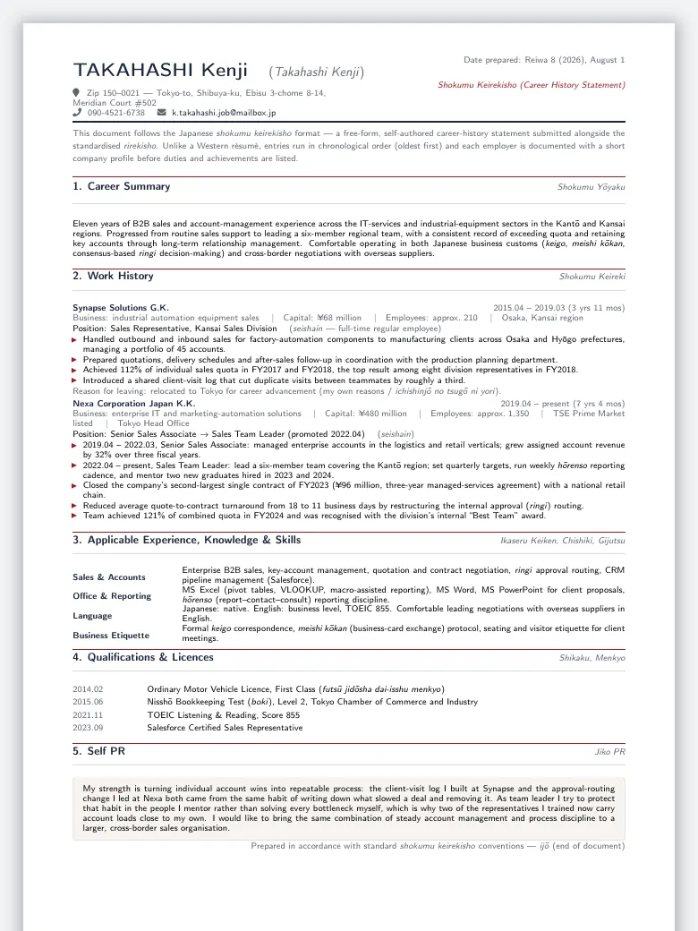 Japanese Shokumu Keirekisho CV preview