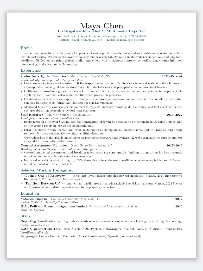Journalist and Reporter Resume preview