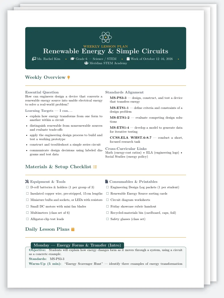 K-12 STEM Weekly Lesson Plan LaTeX template, first page preview