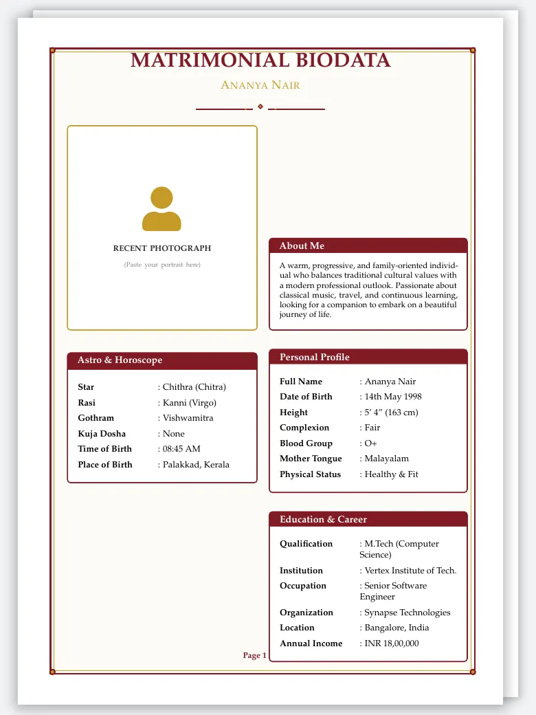 Kerala Matrimonial Biodata preview