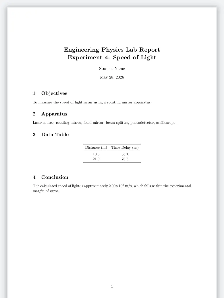 Lab Report Template LaTeX template, first page preview