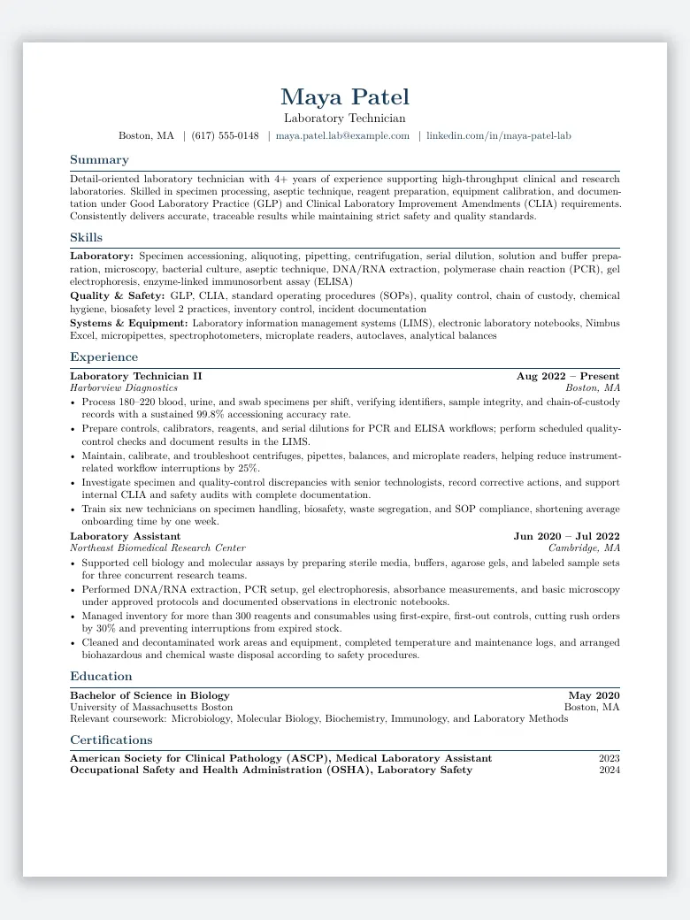 Lab Technician Resume preview