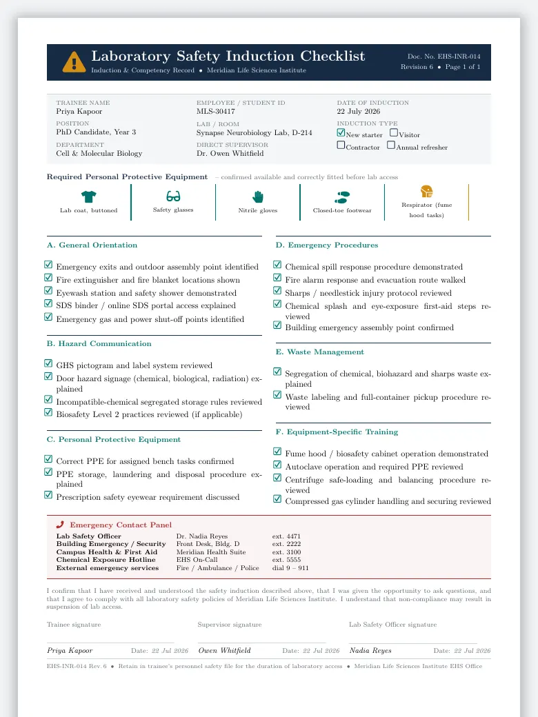 Laboratory Safety Induction Checklist preview