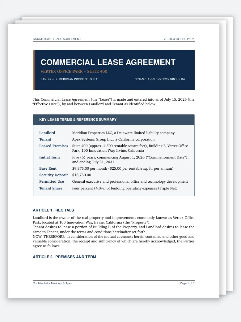 Commercial Lease Agreement LaTeX template, first page preview