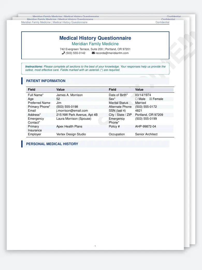 Medical History Questionnaire LaTeX template, first page preview