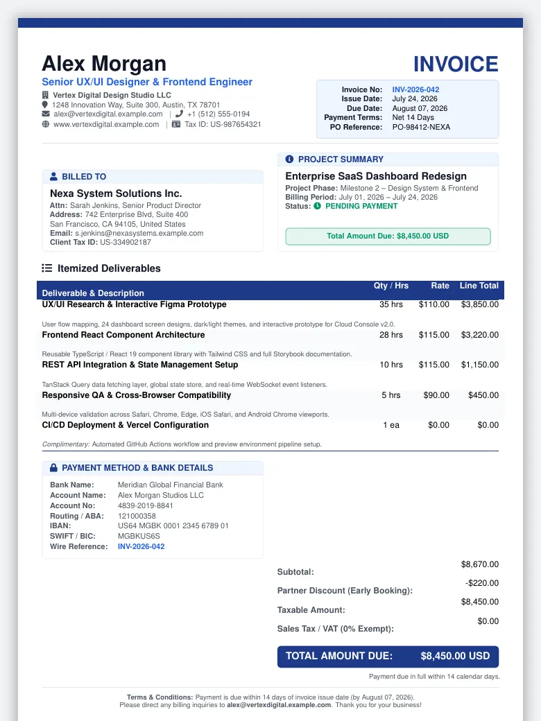 Modern Freelance Invoice LaTeX template, first page preview