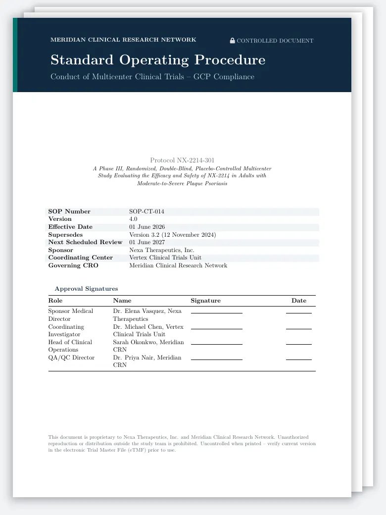 Multicenter Clinical Trial SOP LaTeX template, first page preview