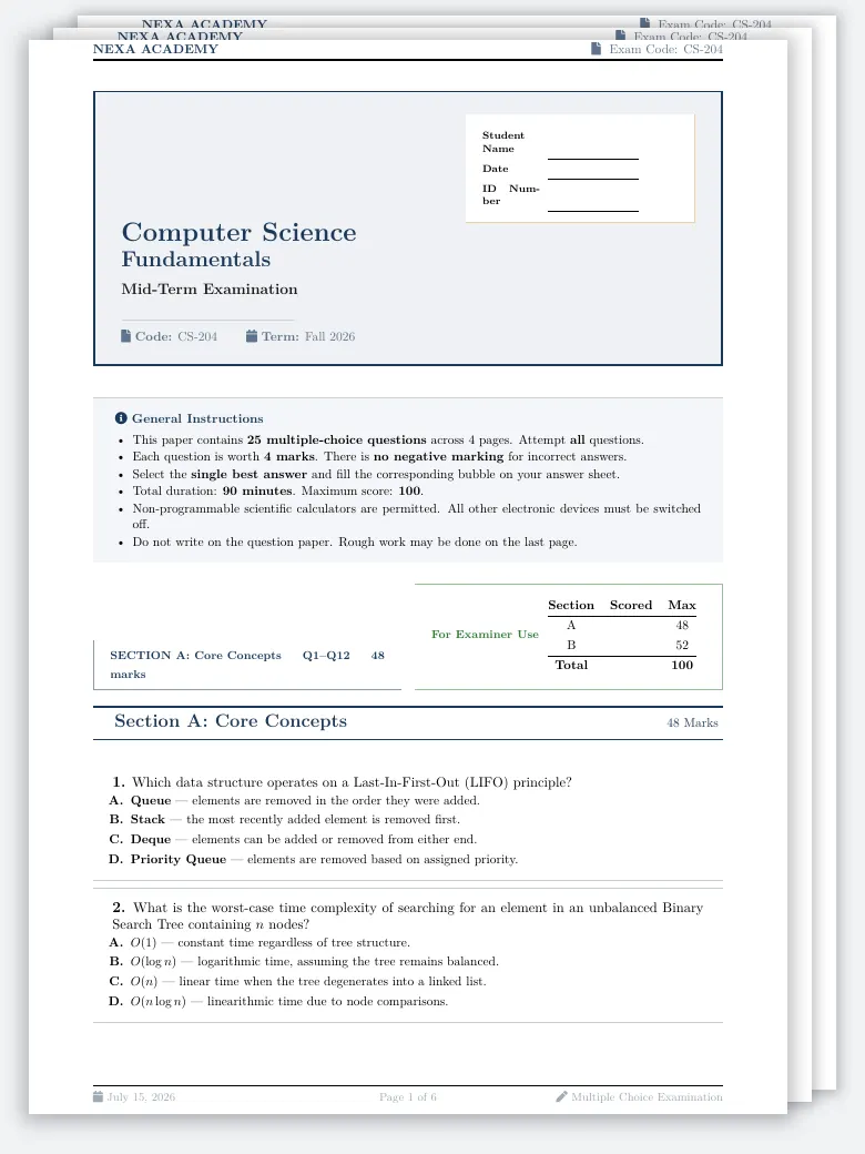 Multiple Choice Test Paper LaTeX template, first page preview