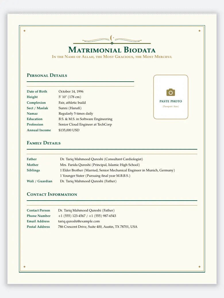 Muslim Marriage Biodata preview