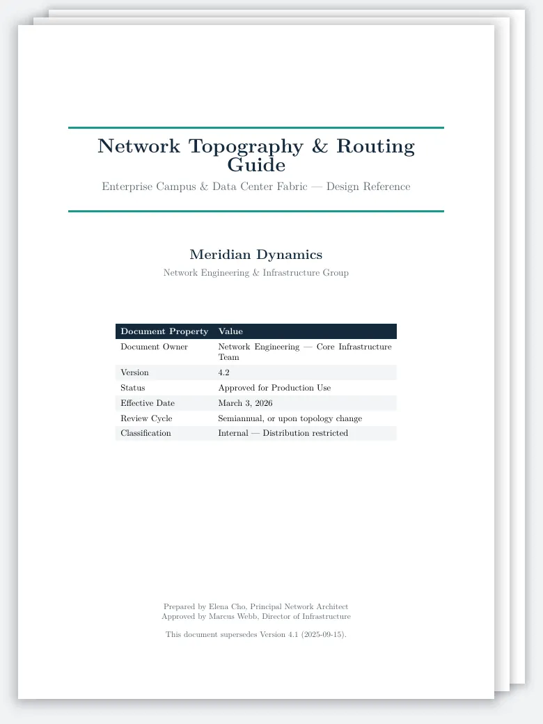 Network Topography & Routing Guide LaTeX template, first page preview