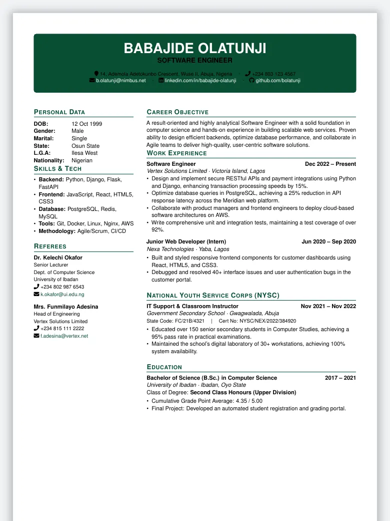 Nigerian Standard CV preview