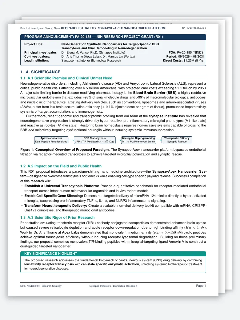 NIH R01 Research Strategy Proposal LaTeX template, first page preview
