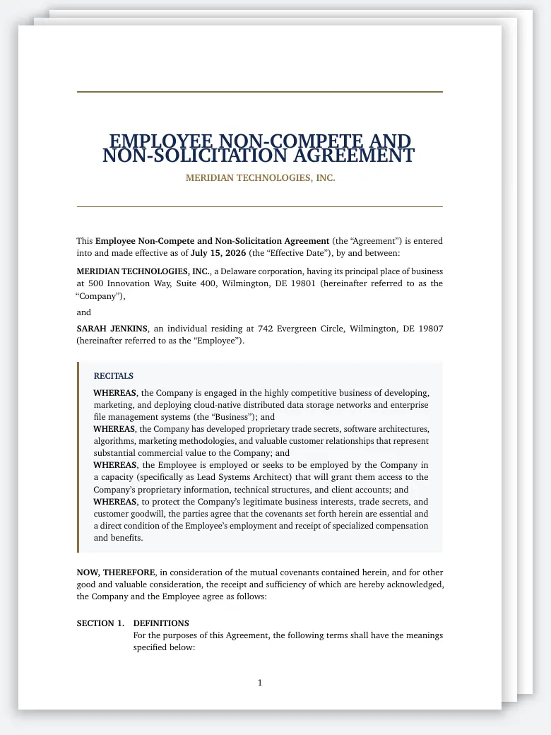 Non-Compete Agreement LaTeX template, first page preview