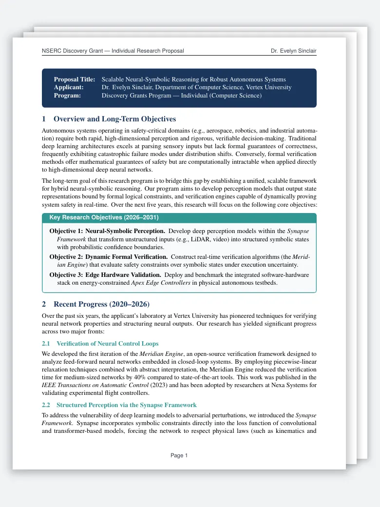 NSERC Grant Proposal LaTeX template, first page preview