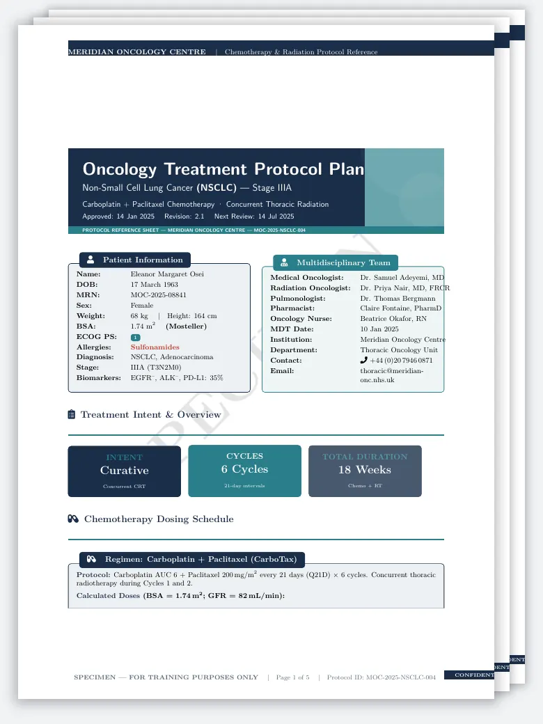 Oncology Treatment Protocol Plan LaTeX template, first page preview