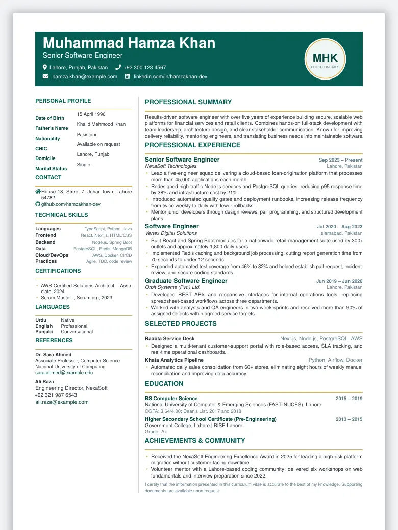 Pakistani Standard CV preview