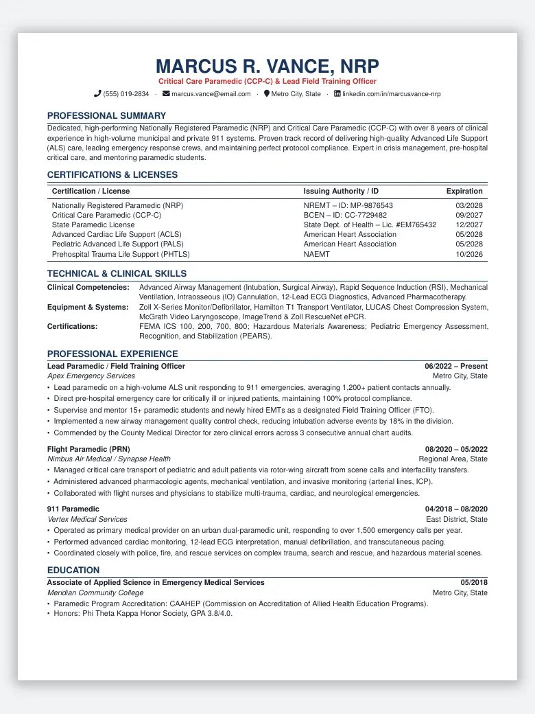 Paramedic and EMT Resume preview