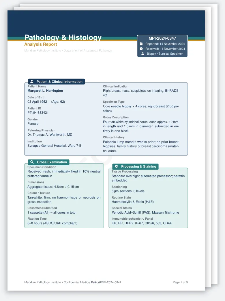 Pathology & Histology Analysis Sheet LaTeX template, first page preview