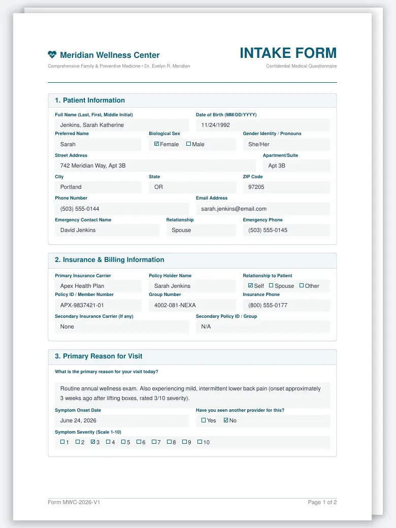 Patient Intake Form LaTeX template, first page preview