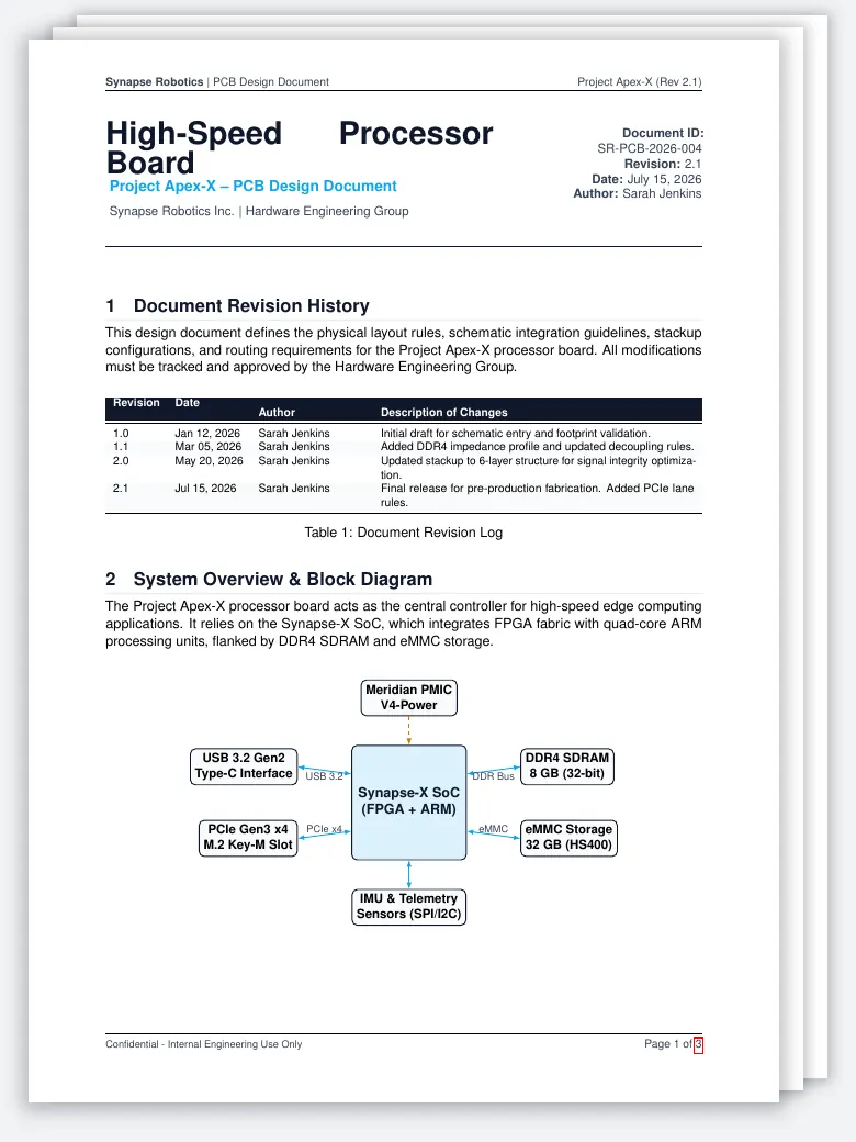 PCB Design Document LaTeX template, first page preview