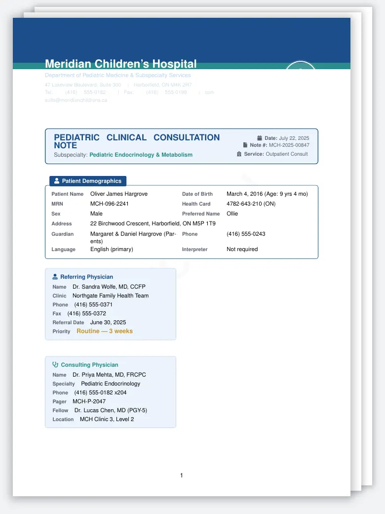 Pediatric Clinical Consultation Note LaTeX template, first page preview