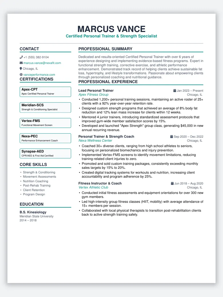 Personal Trainer Resume preview